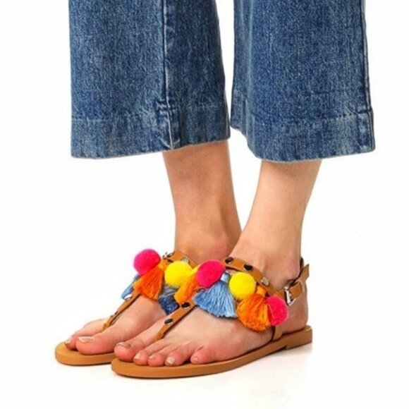 Rebecca Minkoff Estelle Studded Pom Pom Sandals 7 - Picture 1 of 13